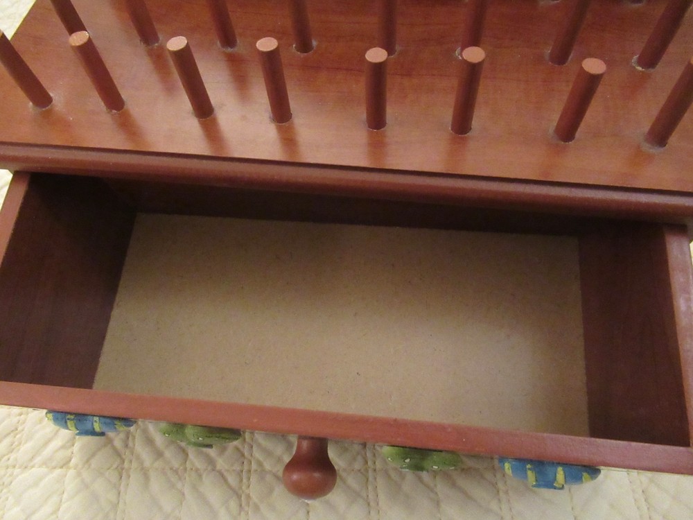 Decorative Wooden Sewing Storage Box with Small Spool Holders