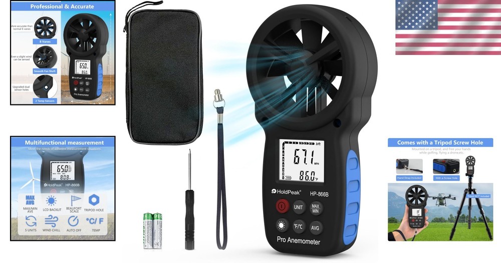 Lightweight Handheld Anemometer with Tripod Hole