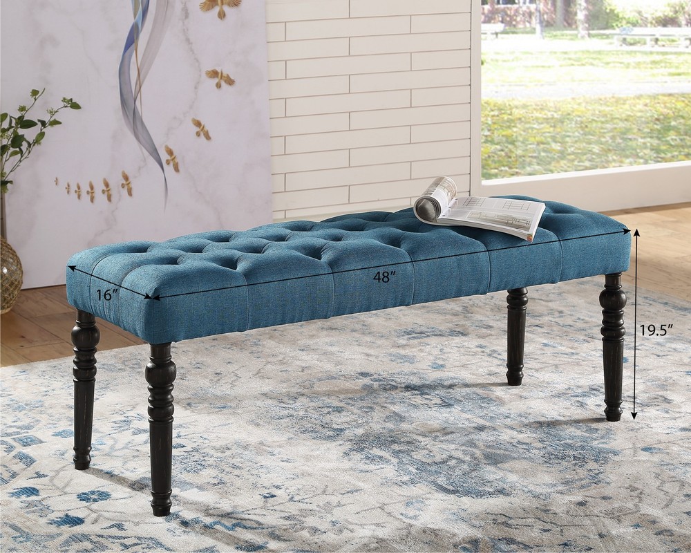 Leviton Fabric Tufted Turned Leg Dining Bench, Blue
