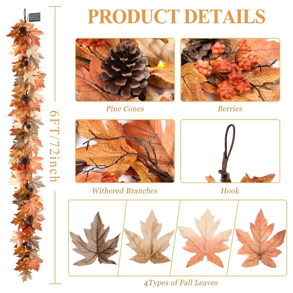 6 FT Fall Garland with Lights Timer Function Fall Leaves Garland with Berries...