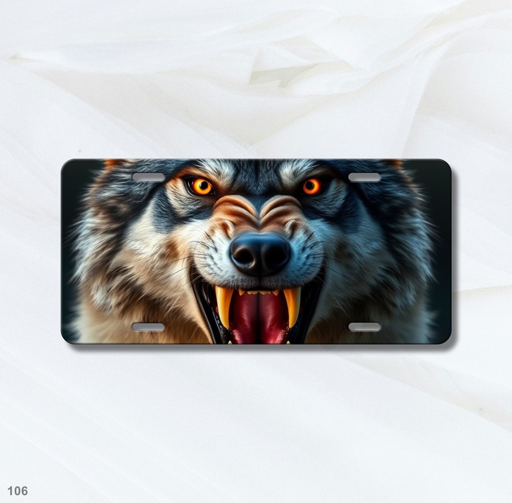 Intense Wolf License Plate with Sharp Teeth Personalized Front Plate Birthday Gi