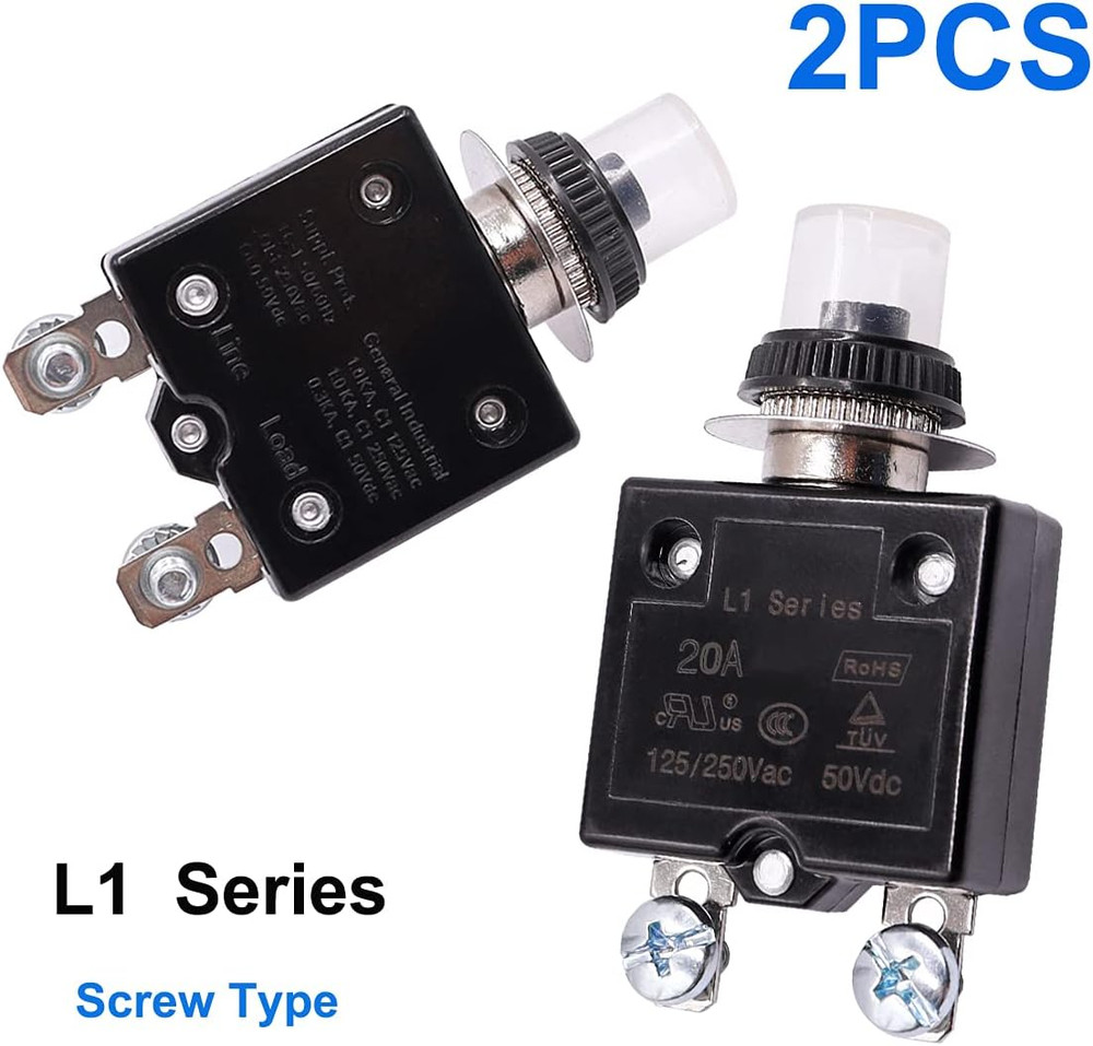 2Pcs 20Amp Circuit Breakers Push Button Manual Reset 125/250V AC 50V DC, L1 Seri