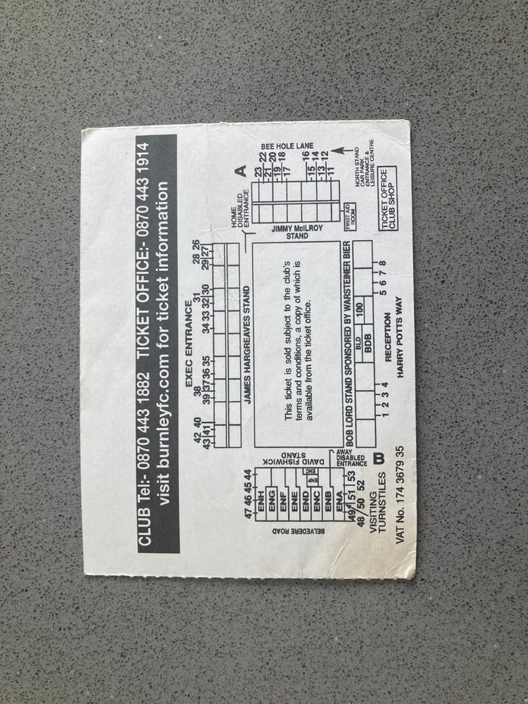 Burnley v Aston Villa 2004-05 Match Ticket