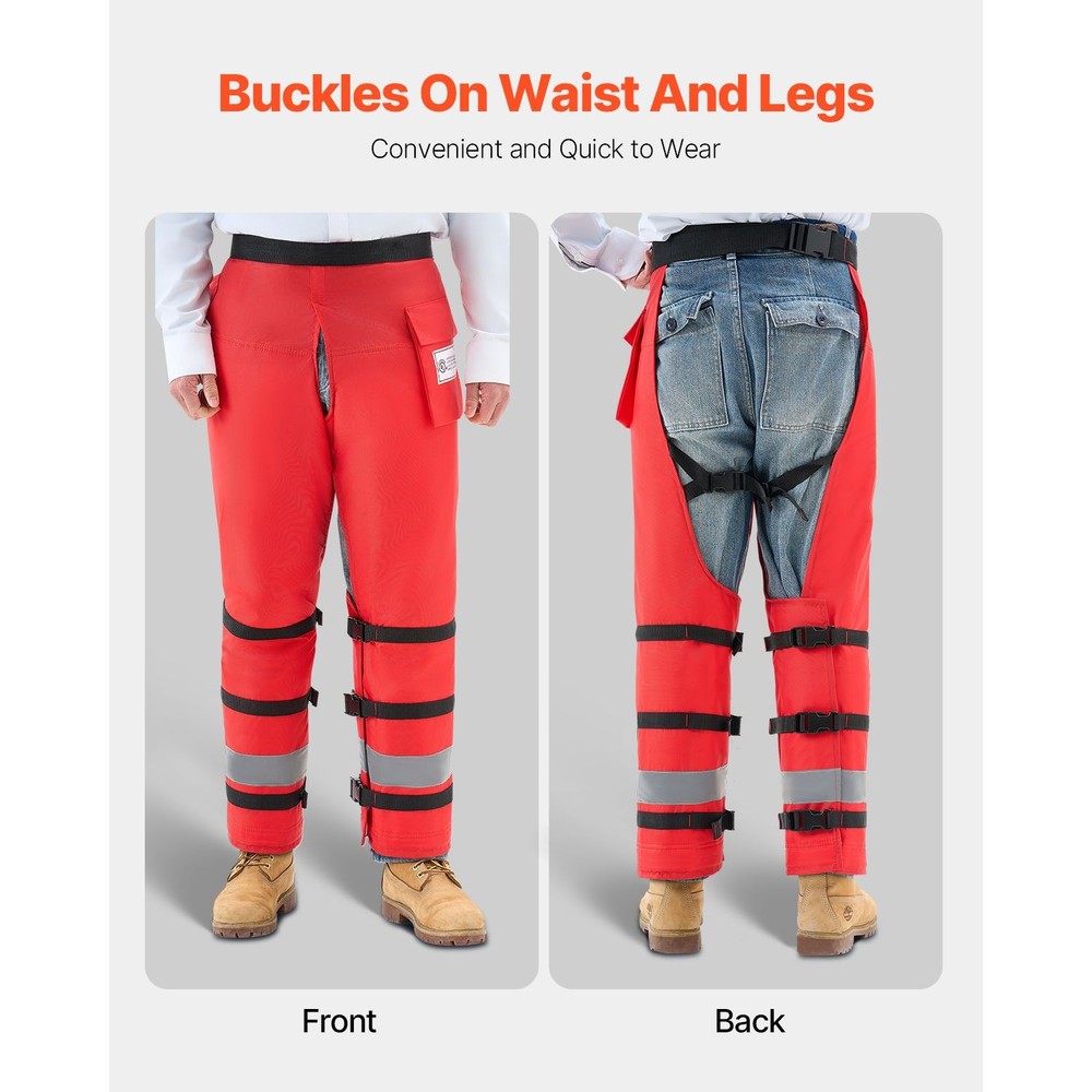 Chainsaw Chaps with Gear Pocket, Class D, 8-Layer Nylon-Poly Blend, Belt-Fit