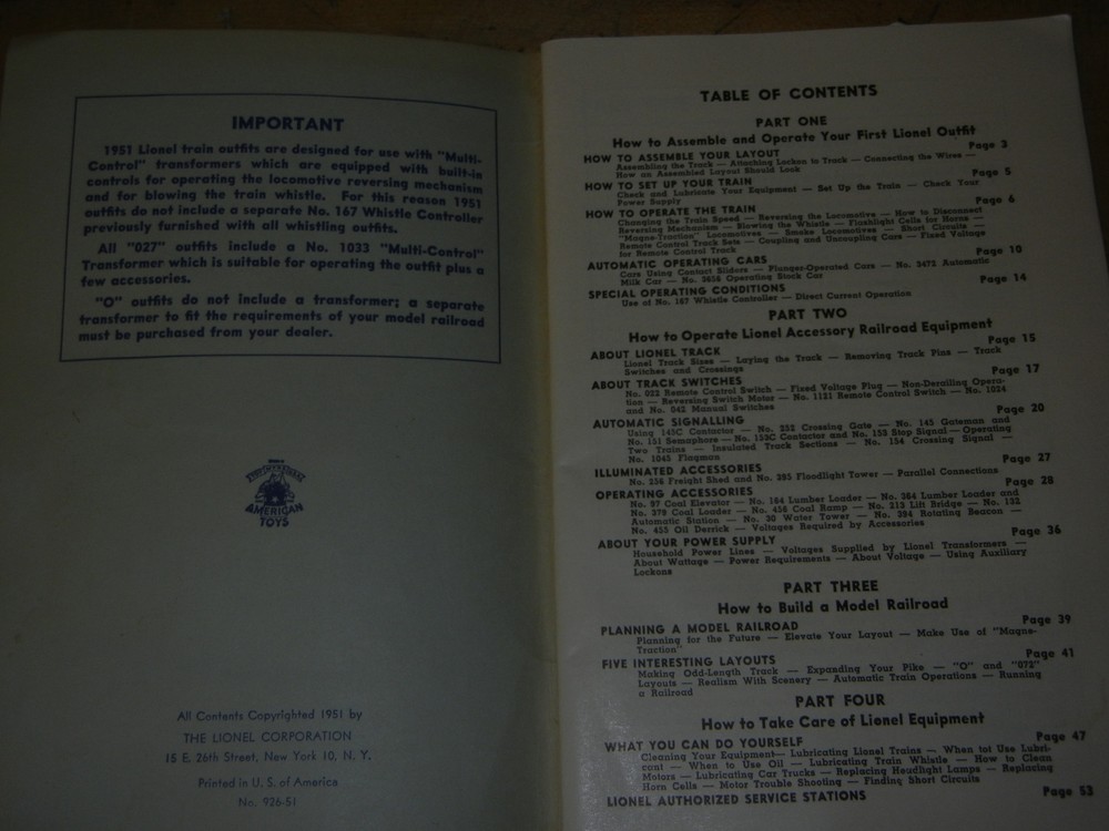 Lionel Trains Instructions for Assembling and Operating 1951