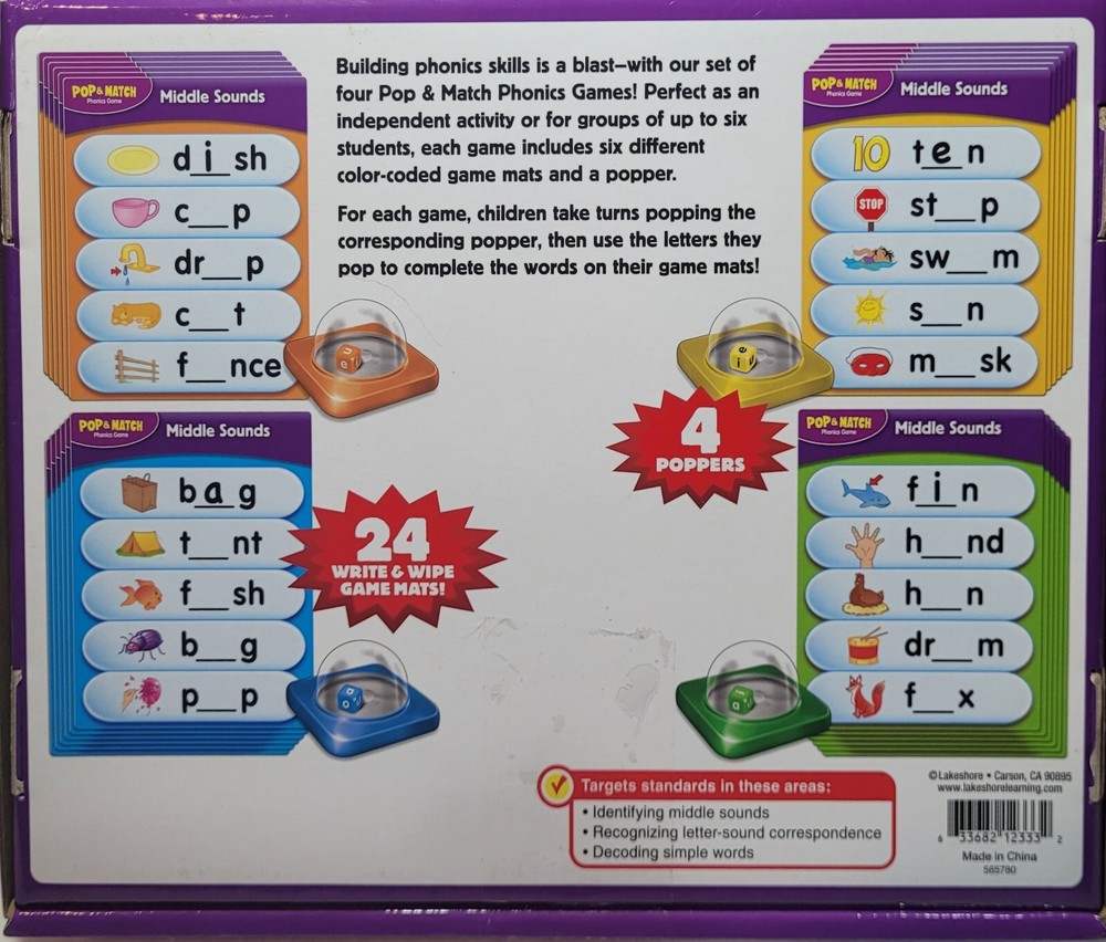 Lakeshore Pop & Match Beginning Middle Sounds Reading Learning Home School