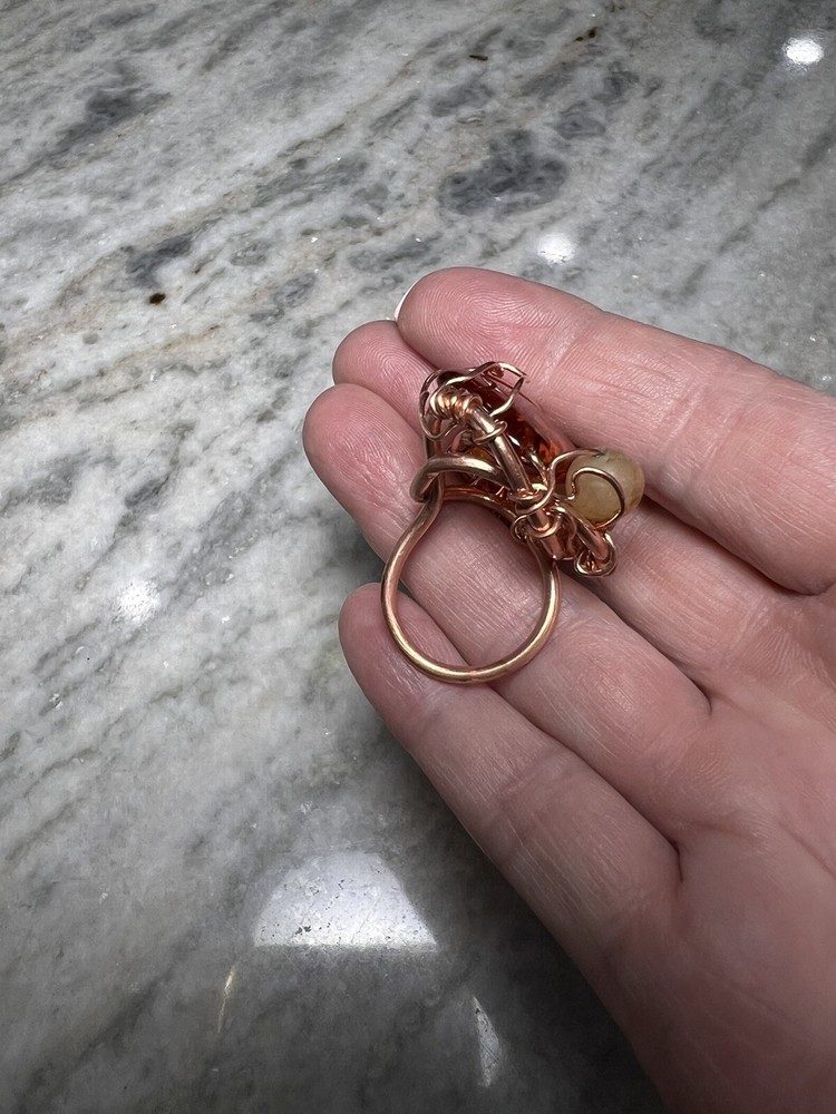 Artisan Hand Made Copper Ring With Amber, Size 6.5