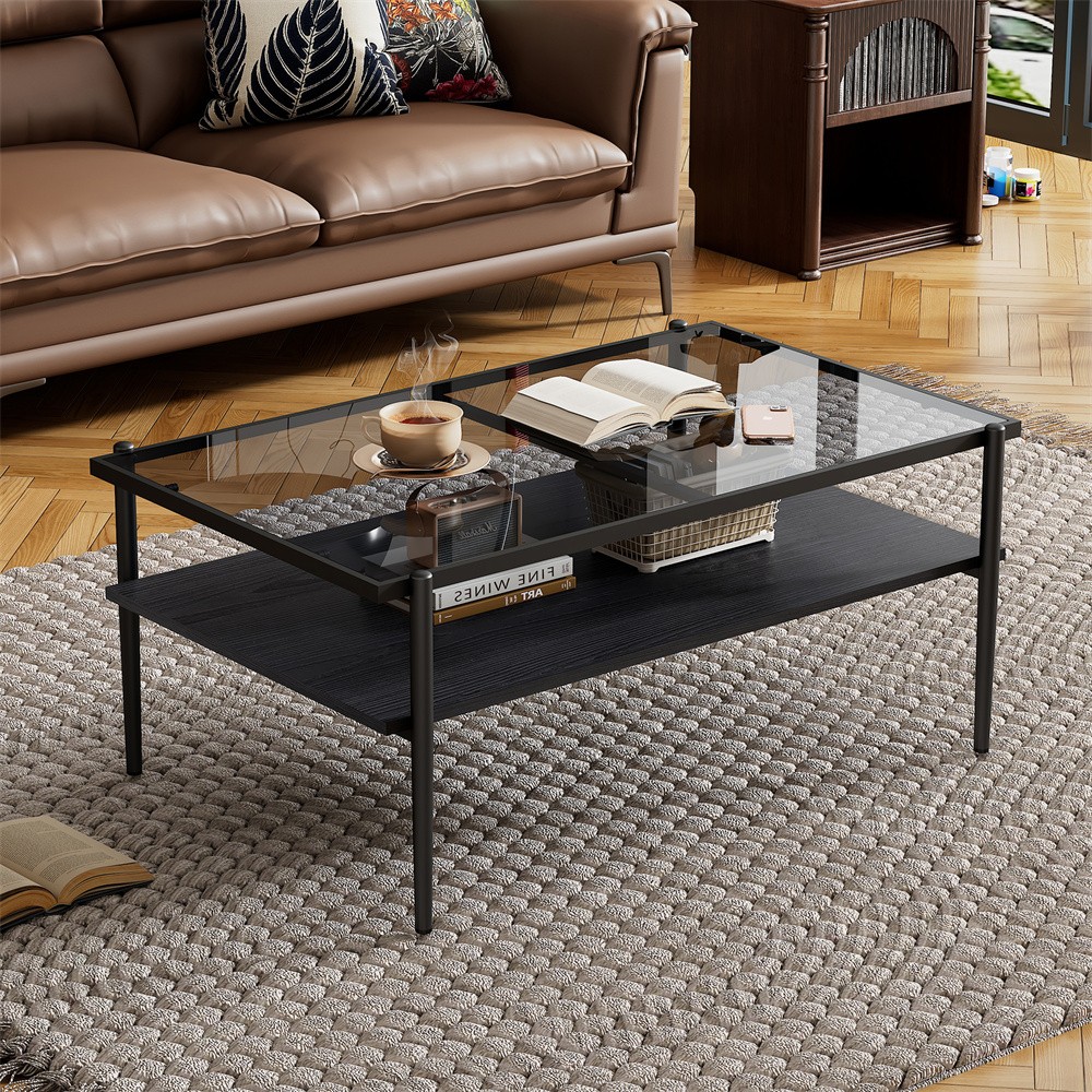 Gray Bilayer Tempered Glass Rectangular Have Storage Shelf Function Coffee Table