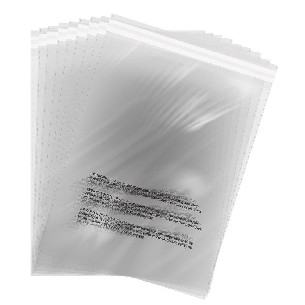 Flat Polypropylene Poly OPP Bags Clear 1.5 MIL Self-Adhesive Suffocation Warning