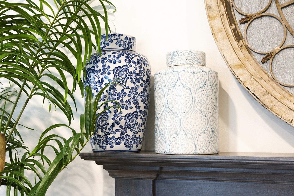 Blue & White Decorative Ginger Jar with Lid