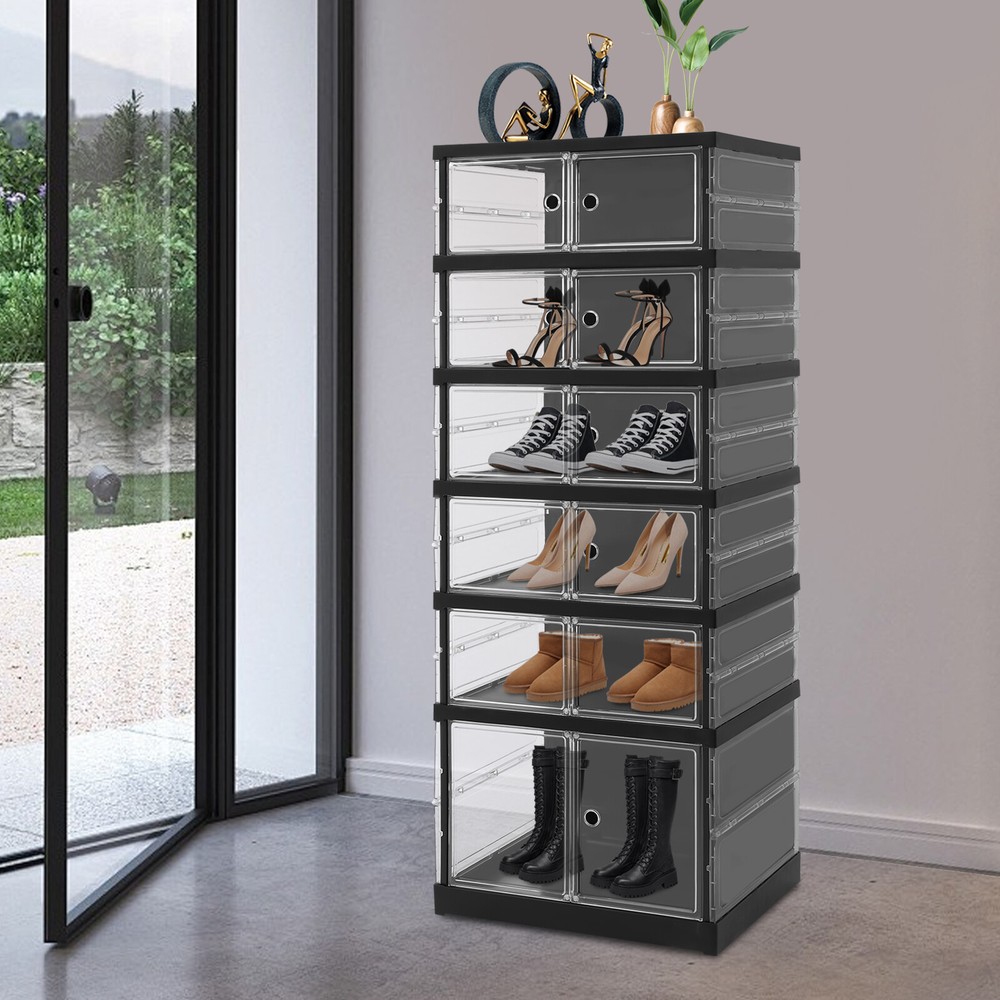 6 Tiers Shoe Storage Box Black Stackable Shoe Container Sneaker Organizer