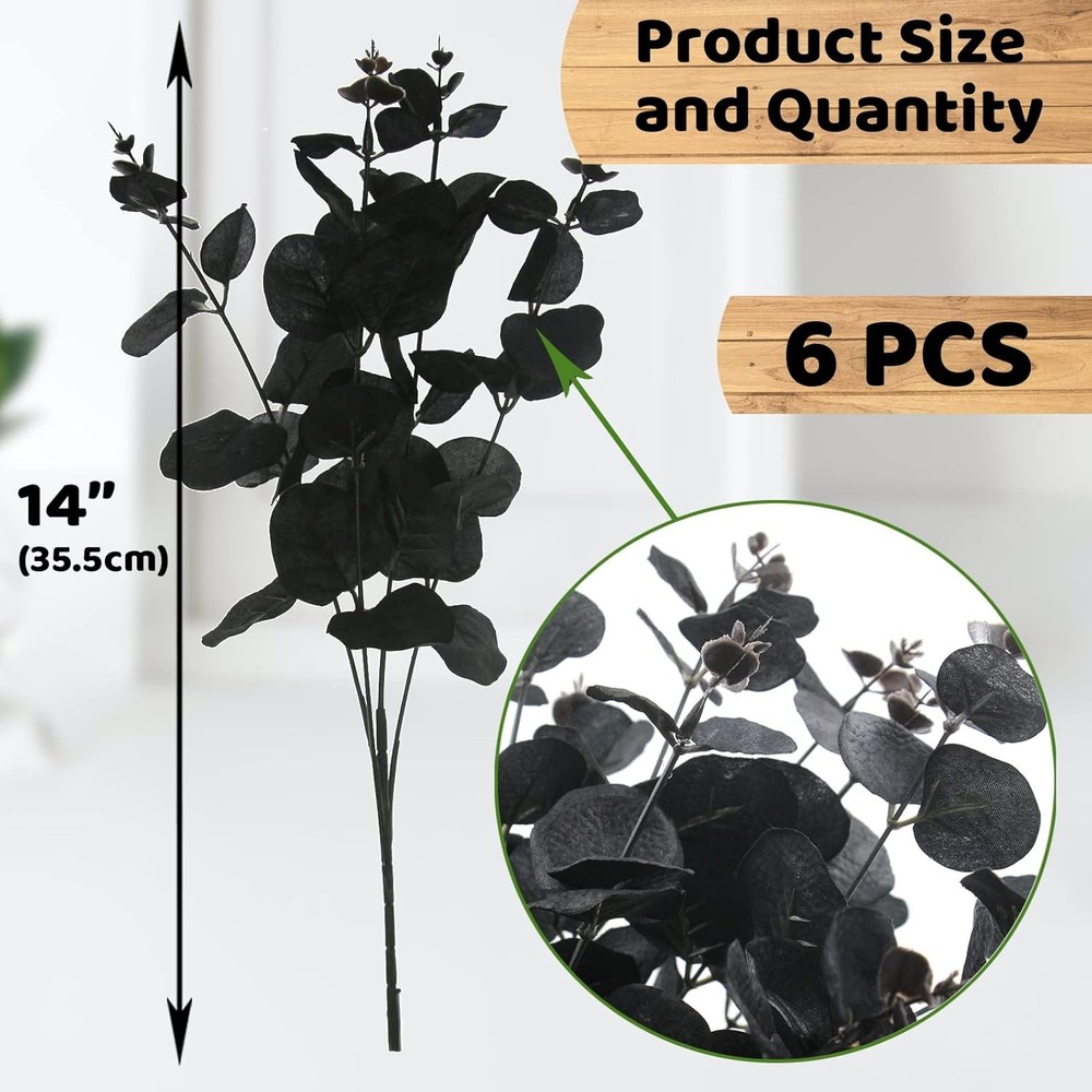 Hananona 6 Pcs Artificial Black Eucalyptus Stems, 14" Leaves