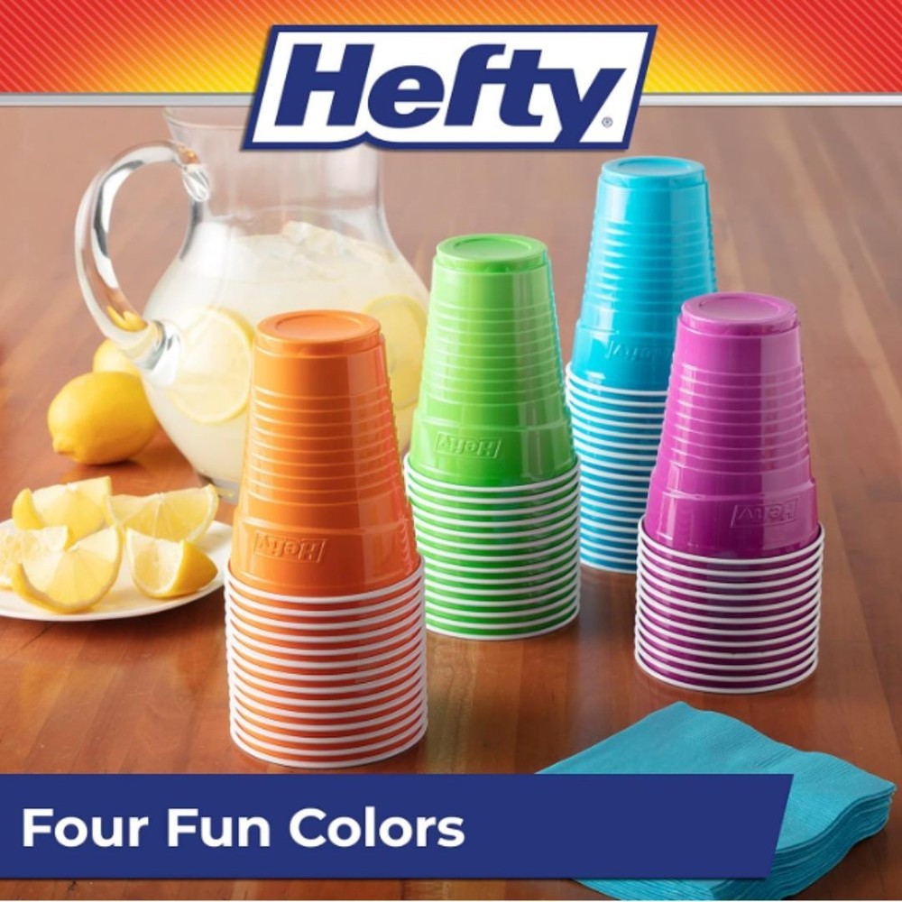 Hefty Party On Disposable Plastic Cups, Assorted, 16 Ounce, 100 Count New