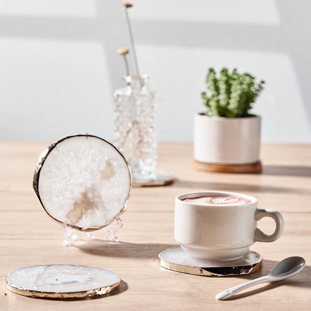 White Agate Coasters for Drinks, Crystal Coaster with Gold Edge 3.5-4", Geode...