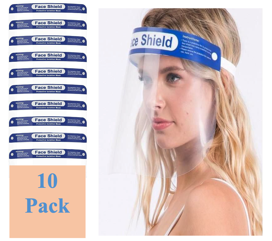 10 Pack Reusable Face Shield Adjustable, Elastic Headband Clear Visor Adults.