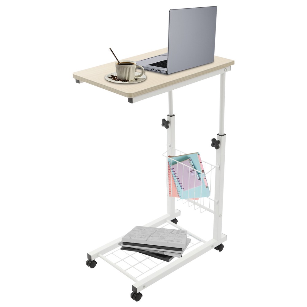 Adjustable Bed Side Table With Wheels, 2 Tier C Shaped Mobile Standalone Table