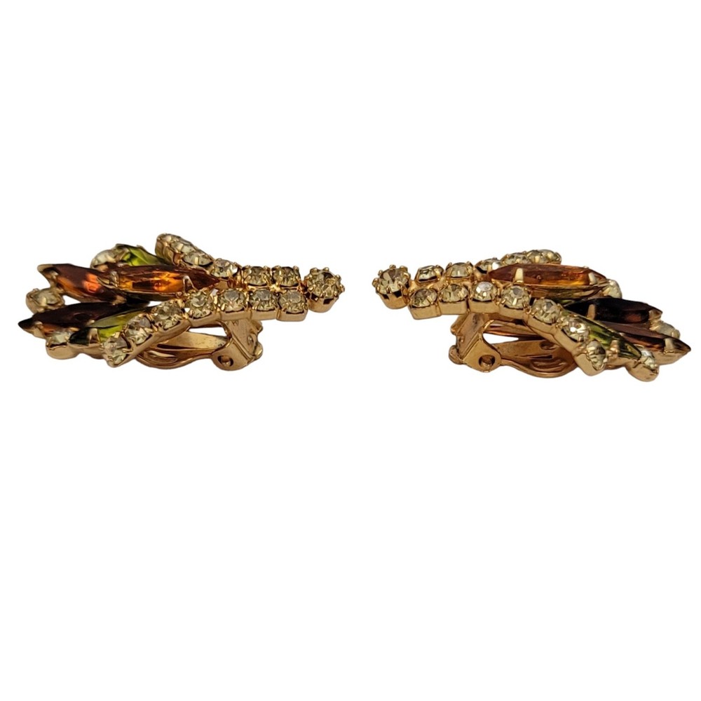 Green Jonquil Topaz Rhinestone Leaf Clip-On Earrings E255