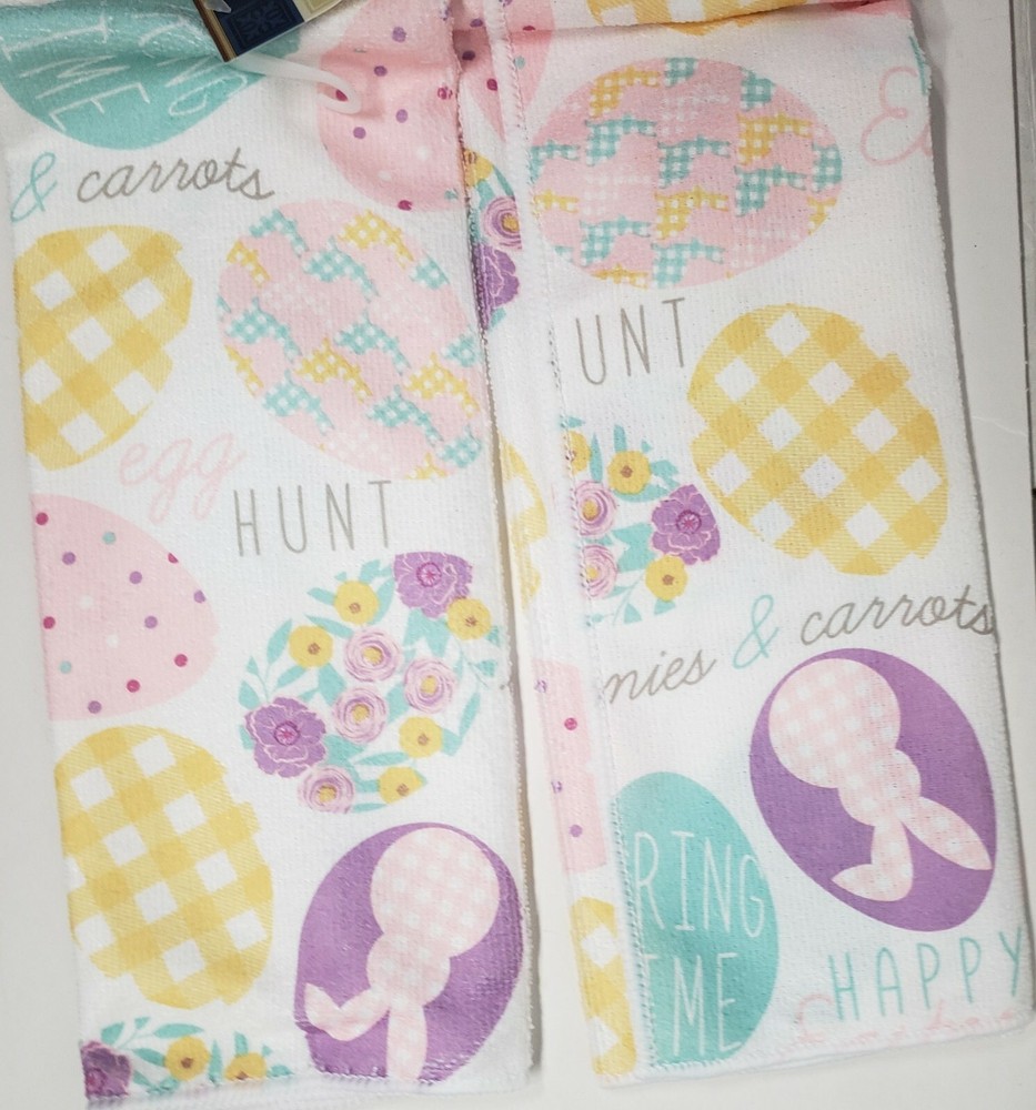 Set of 3 Same Microfiber Kitchen Towels (15"x25") EASTER, EGG HUNT, BUNNIES, GR