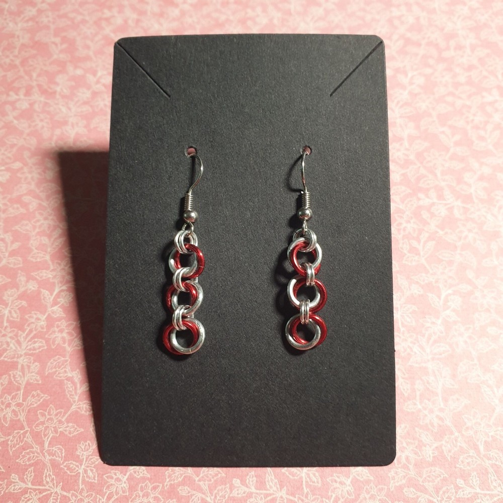 Chainmail Earrings Silver Red Lightweight Aluminum Rings Fishhook Backings