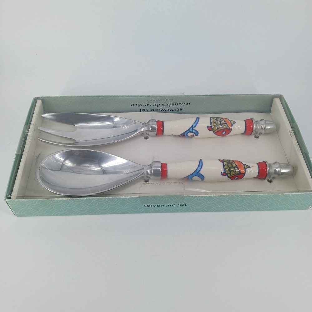 Pier 1 Serveware Set Salad Spoon And Fork Fish Design Original Box