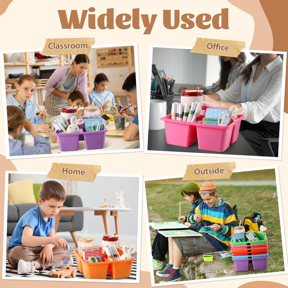 6 Pack 3 Compartment Small Caddy Plastic Classroom Organizer with Handle Port...