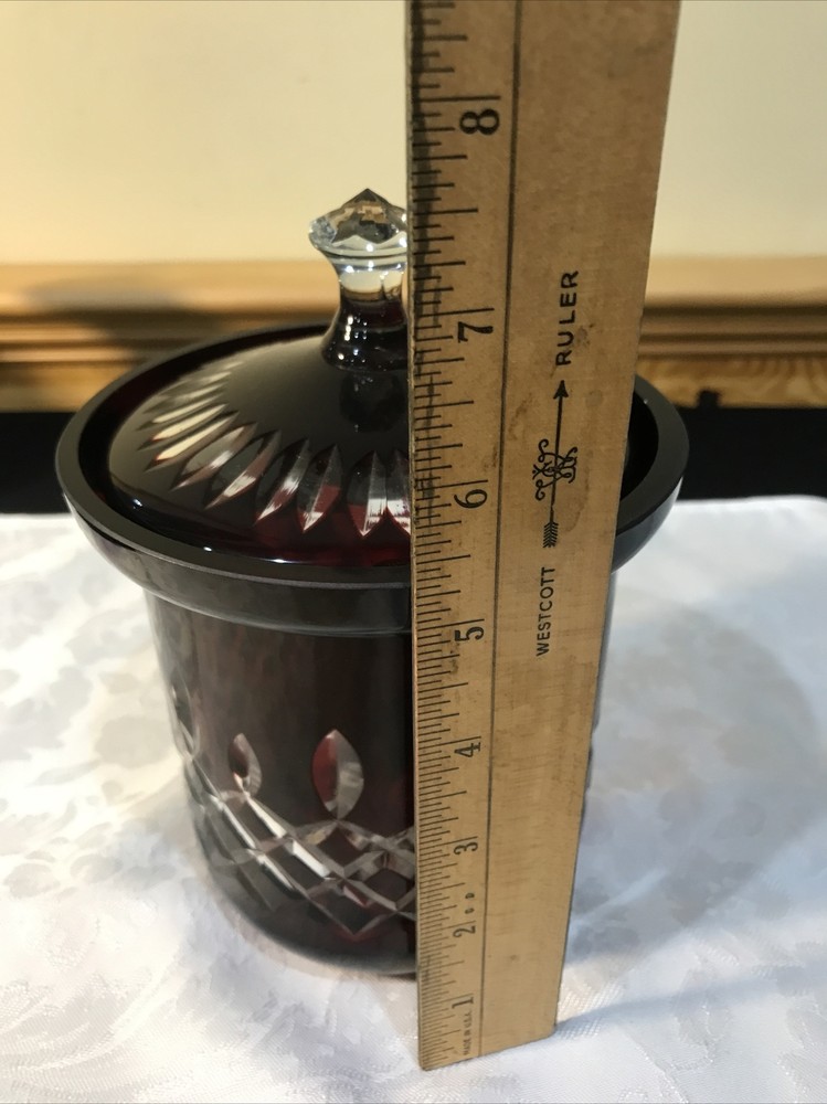 Ruby Red Cut to Clear Crystal Jar w/ Lid  Humidor Biscuit Candy Dish