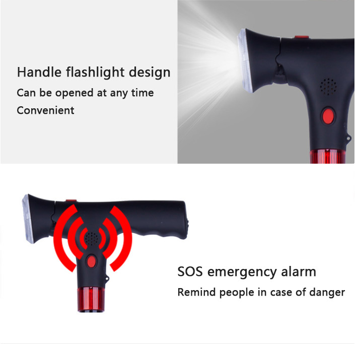 Adjustable Walking Stick Cane Folding Handle Metal With LED Light &Alarm button