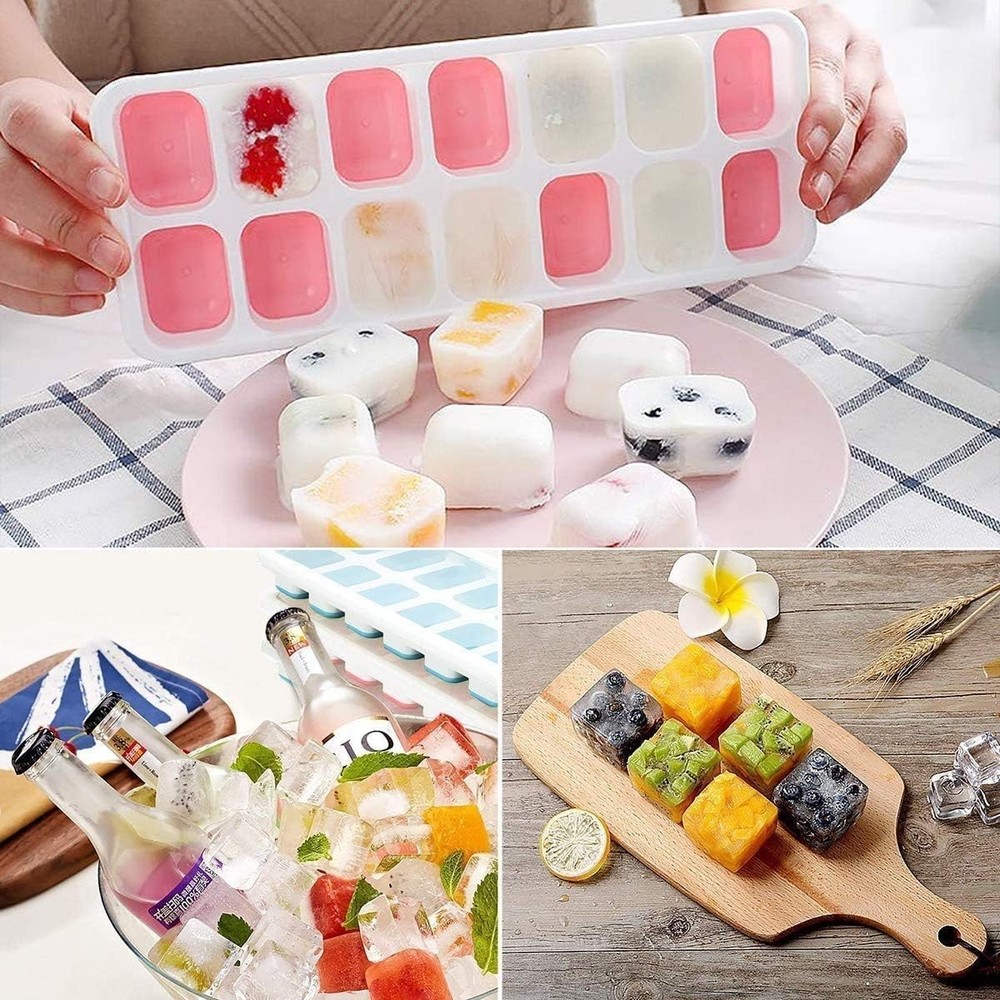 Ice Cube Tray, 4 Pack Silicone Ice Tray, 14 Ice Cube Molds with Lids, Stackable