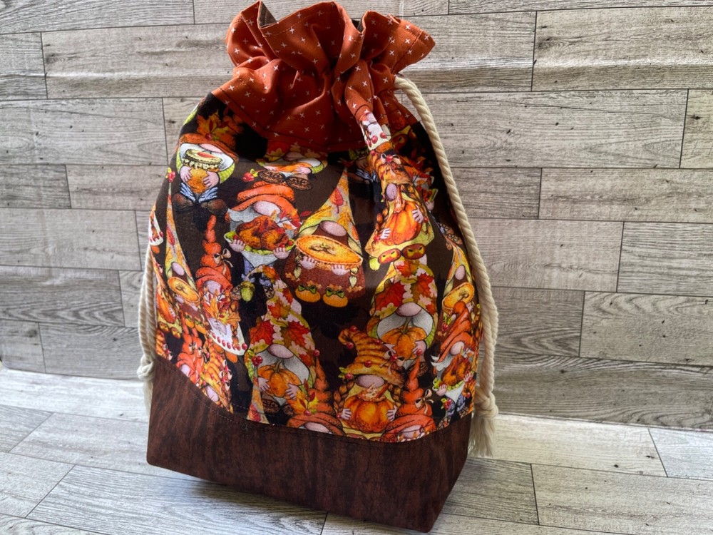 Knitting project bag Gnomes handmade Fall Halloween Storage Tote Drawstring
