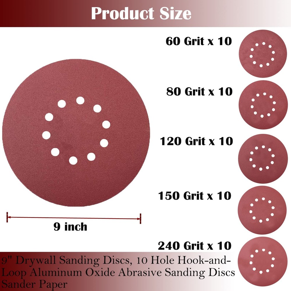 50 PCS 9-Inch 10-Hole Hook-and-Loop Sanding Discs for Drywall Sander -10 Pack...