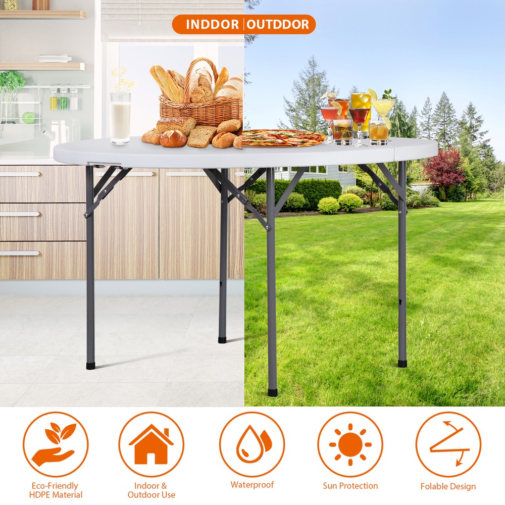 2PCS 4' Round Bi-Folding Camping Table Plastic Dining Card Table Kitchen Outdoor