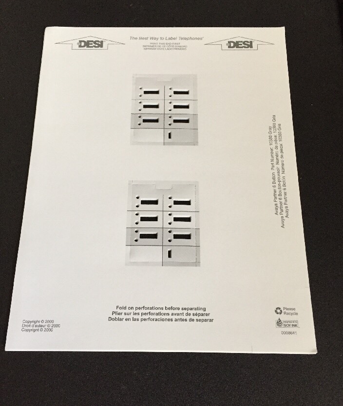 Avaya Partner Phone  6 Button #10380 Gray 8 Sheets