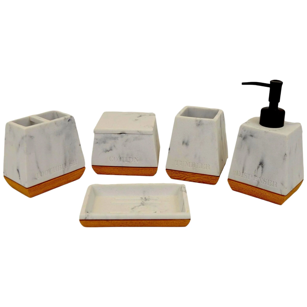 White Marble Bathroom Set with Wood Base