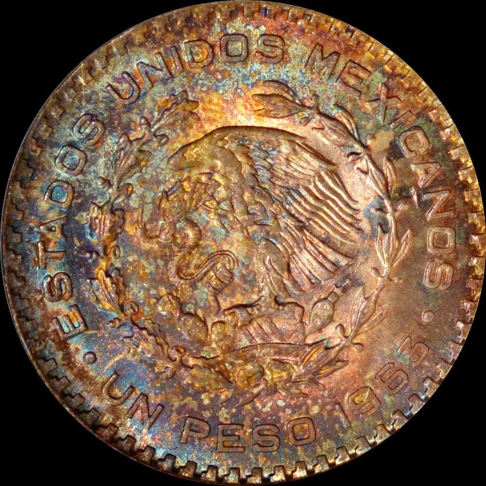 ANACS MS66 1963 Mo Mexico 1 Silver Peso, nice toning both sides