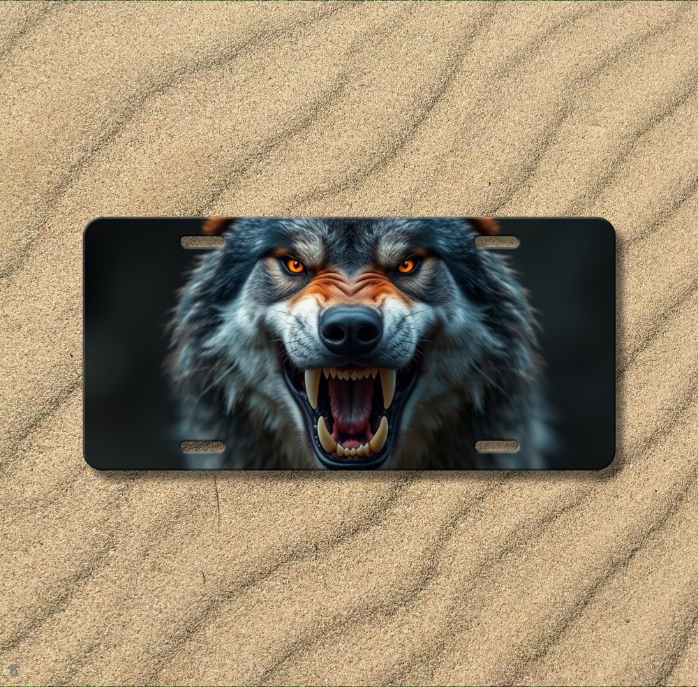 Realistic Wolf License Plate Snarling Design Add Text Front Bumper Plate Special