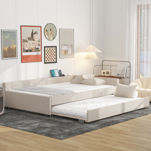 Full Queen Upholstered Daybed with Trundle Day Bed Sofa Beds Platform Bed Frames