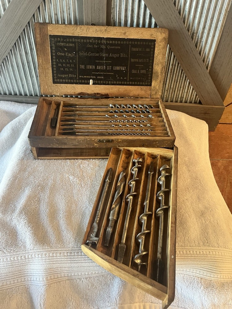 Set Vintage Irwin Brace Auger Drill Bits Tool Original Box.  Nice Shape