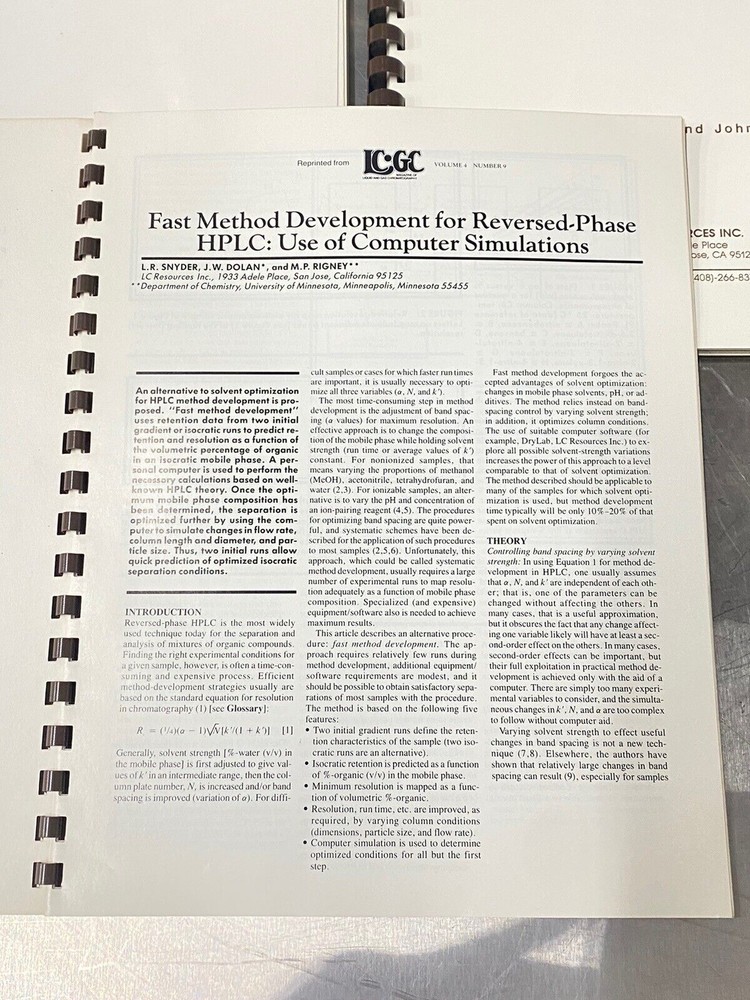 LC Resources Dry Lab HPLC Computer Video Program- Users Guide / Instruction Book