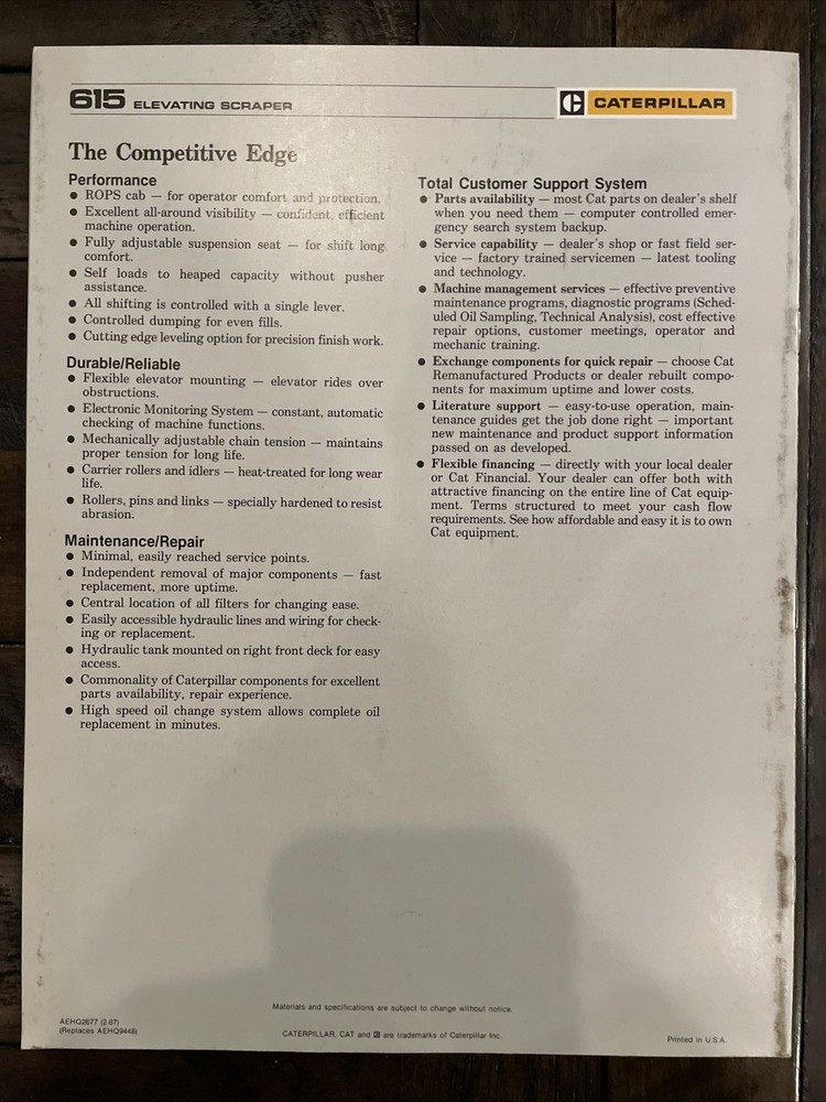Caterpillar 615 Elevating Scraper Brochure ‘87