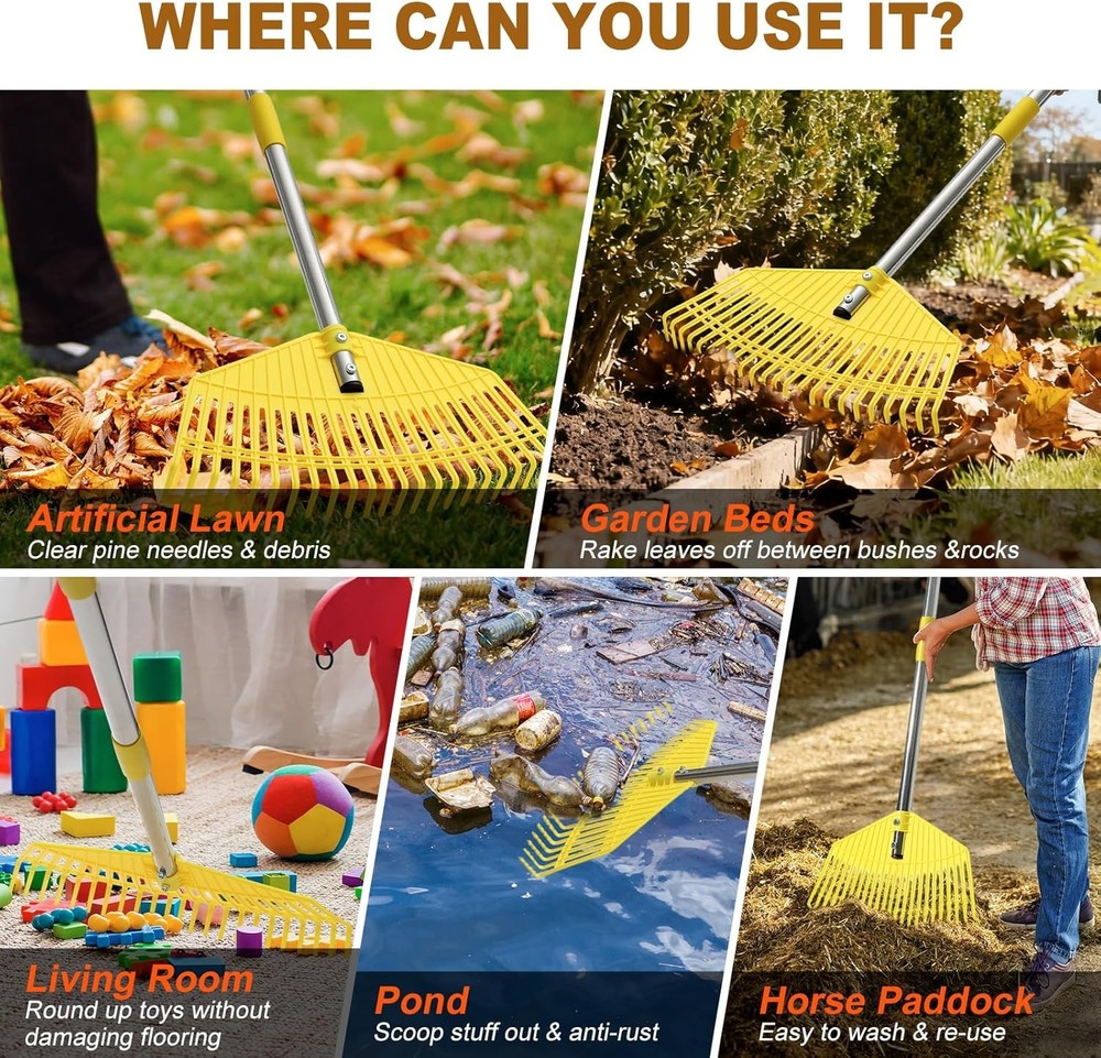 Leaf Rake - 17" Wide Nylon Plastic Head,65" Adjustable Handle,Heavy Duty for Lea