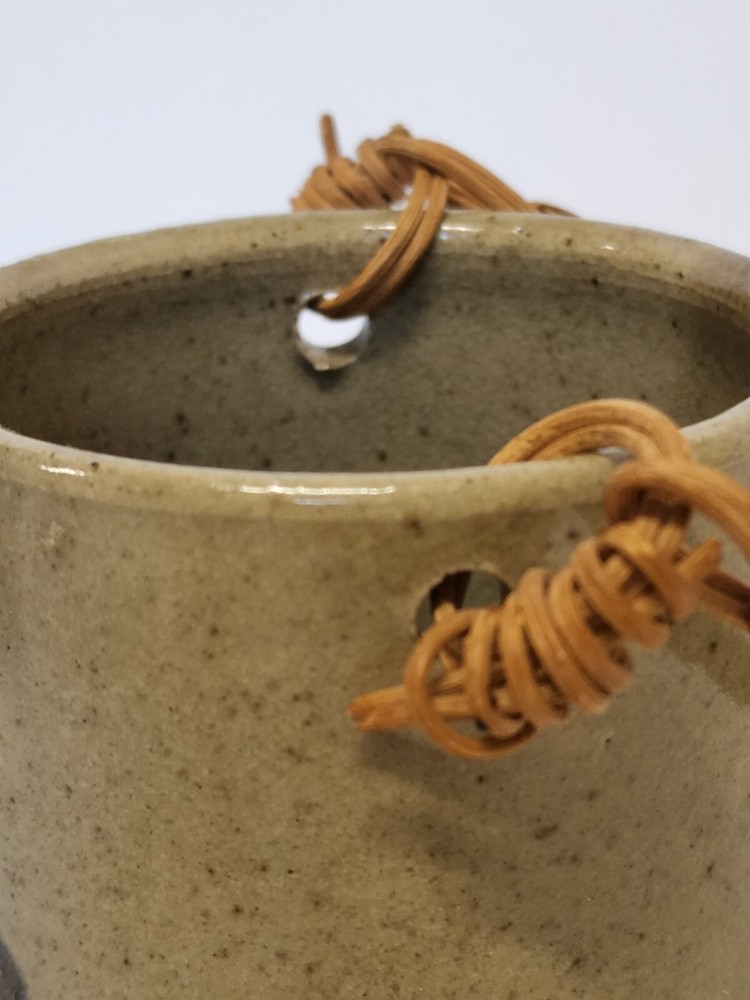 Pottery Pot Vase Knick Knack With Handle Tan Blue Signed Container Decore
