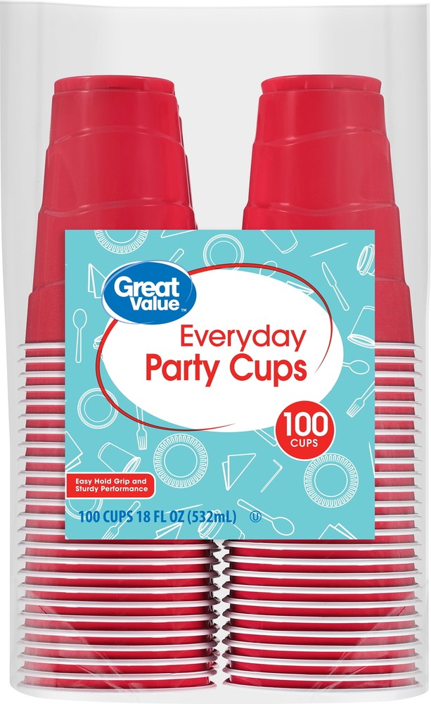 Great Value Everyday Disposable Plastic Party Cups, Red, 18 oz, 100 Count