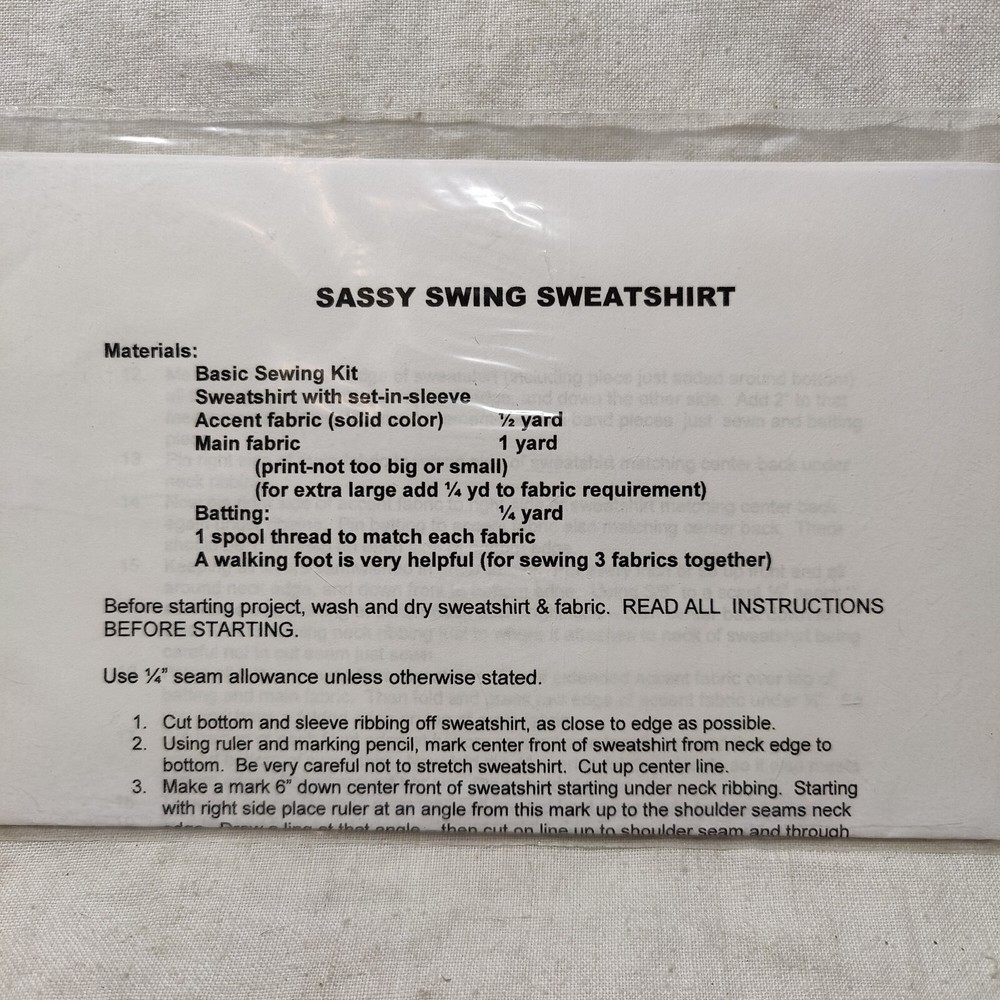 Sassy Swing Sweatshirt Patchwork Needlcraft Embroidery Quilting Pattern