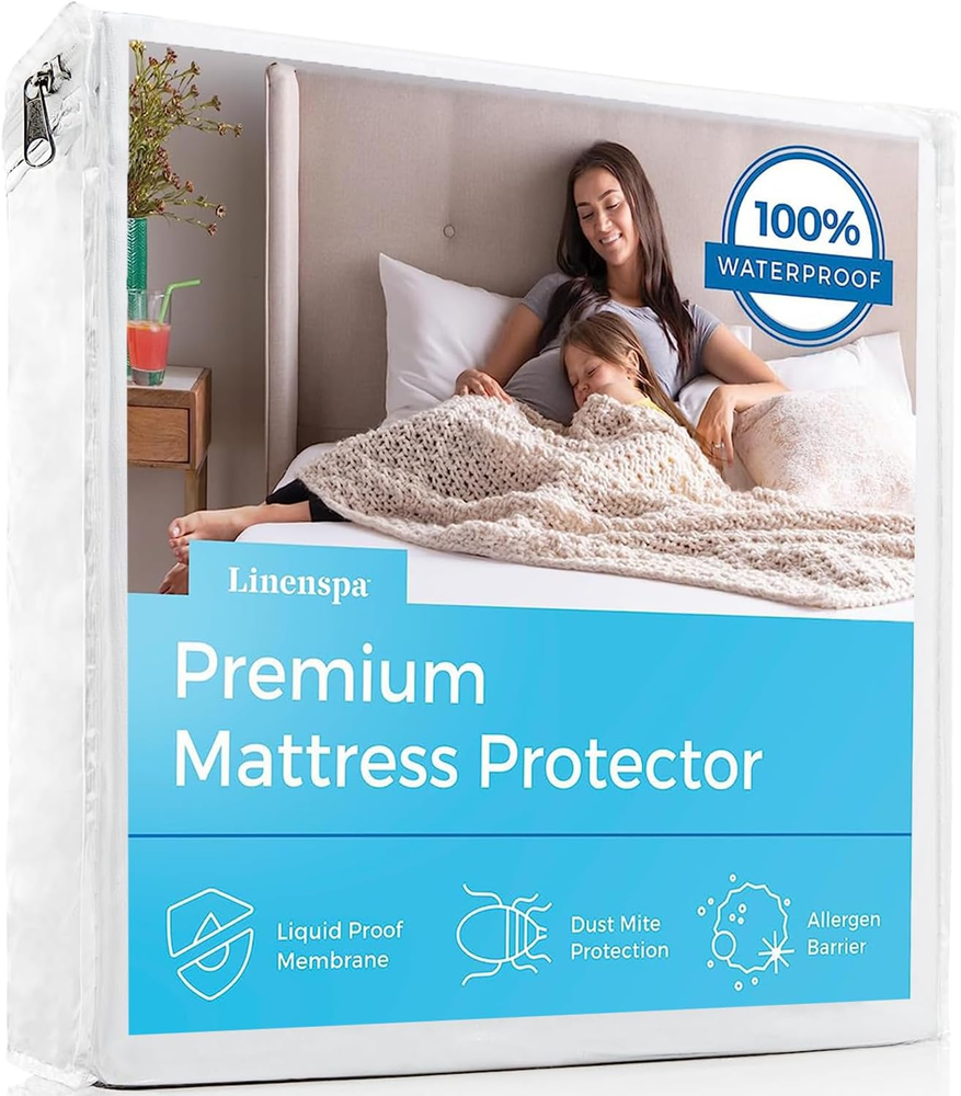 Premium Mattress Protector - White - Queen Size - Breathable Polyester - Fitted
