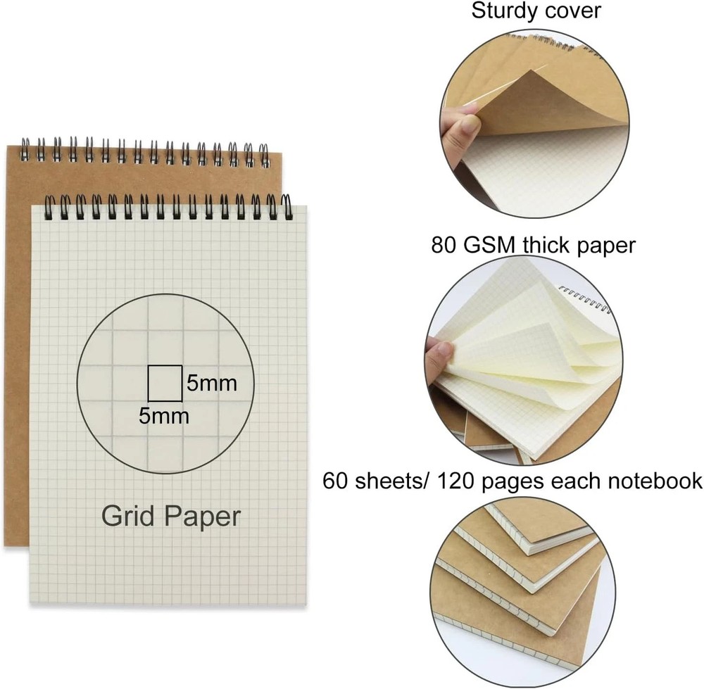 4 Pack Graph Paper Notebook, A5 Top Wirebound Grid Spiral Notebook,5.8" X 8.3",1