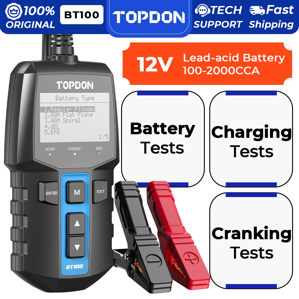 TOPDON BT100 Car Battery Tester 12V Load Tester Charging System Analyzer