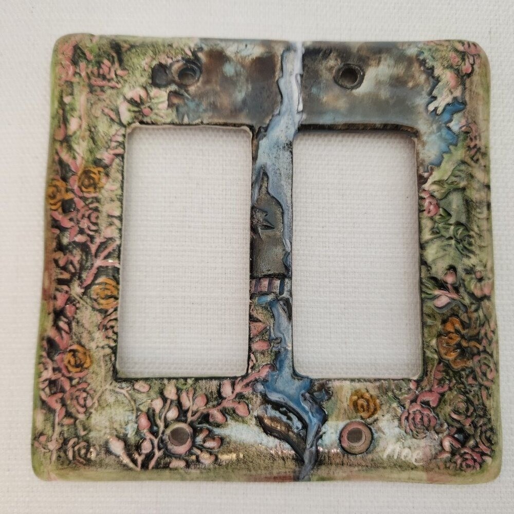 Decorative double light switch plate cover floral pattern Ceramic Hand Painted
