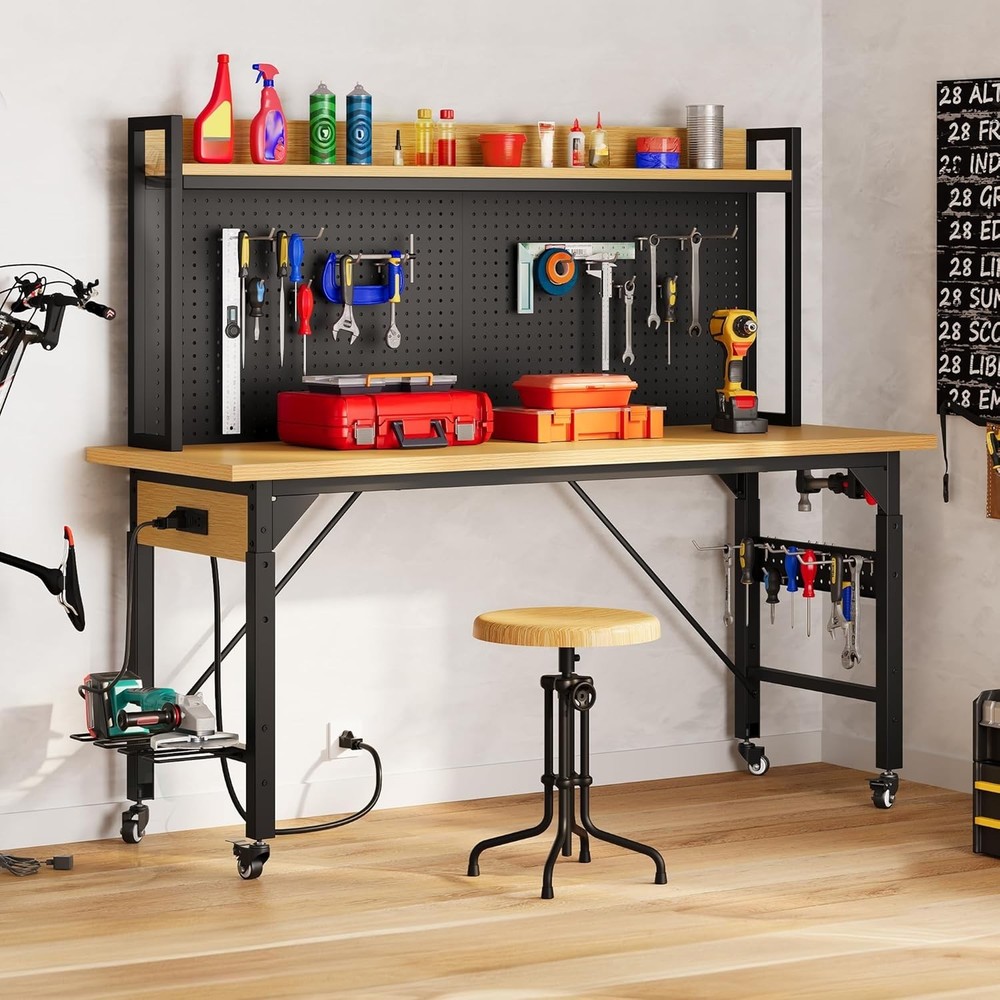 Sturdy 60" Adjustable Workbench with Hooks & Pegboard for Garage, Office & Home