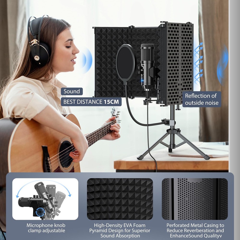 Studio Recording Microphone Isolation Shield with Pop Filter &Tri-Stand Kit M...