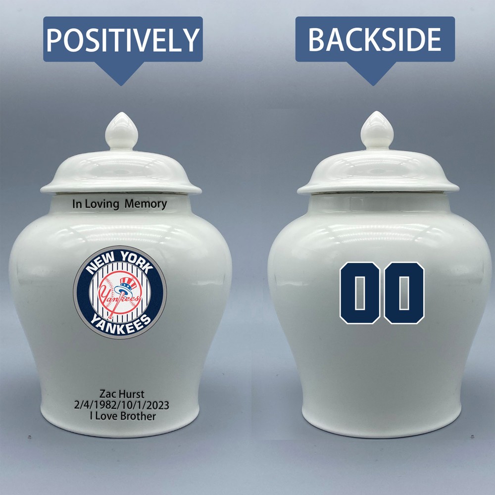 Ceramic Medium Urn for New York Yankees Baseball Theme, Custom Text & Number